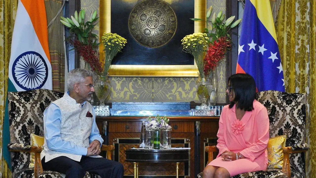 Dr S Jaishankar with Venezuela's Acting President Delcy Rodriguez in New Delhi. Pic/X
